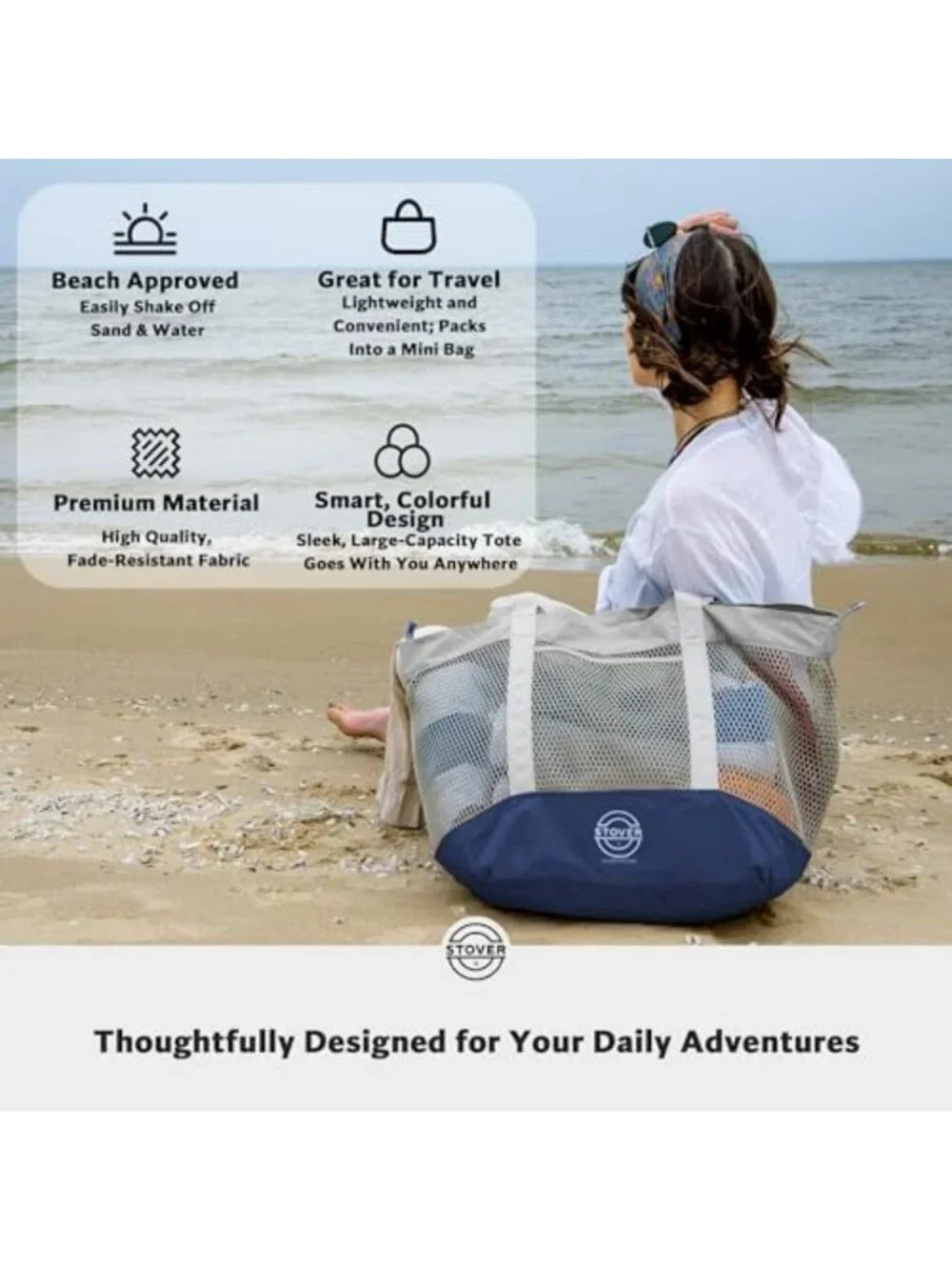 Large Mesh Beach Tote Bag - Foldable Travel, Pool, Shopping, Vacation Bag with